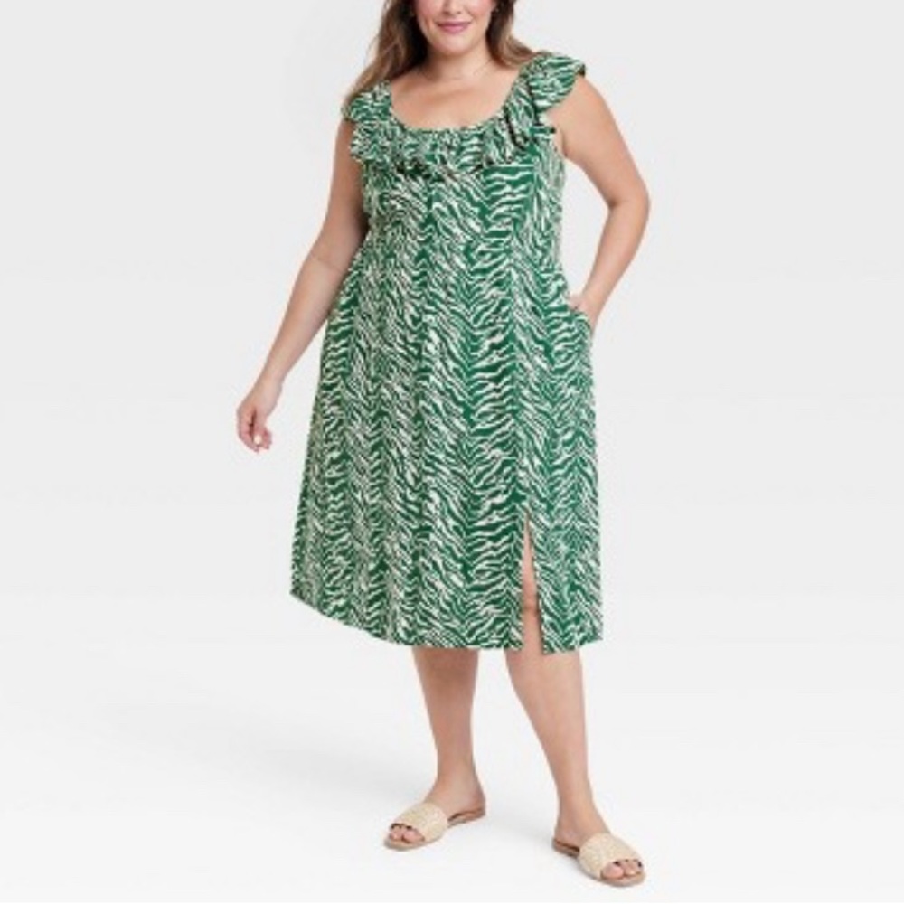 Ava & Viv Ruffle Linen Midi Dress, Size XXL